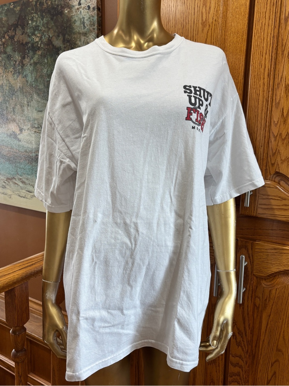 White Graphic Men's T-Shirt - "Shut Up & FISH” Print